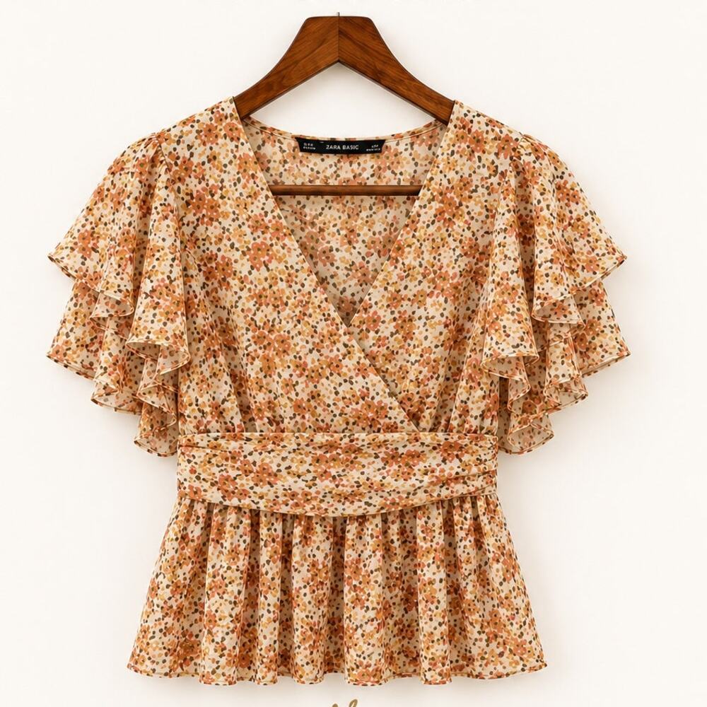 Zara Shirt Women's Small Ditsy Floral Blouse Cottagecore Gathered at Waist